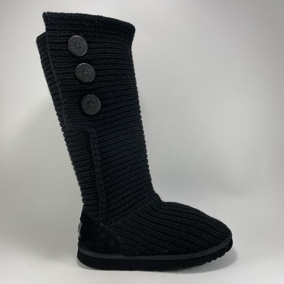 UGG Australia Black Classic Cardy Knit Tall Sweater Boots 5819 Womens Size 7 - Picture 1 of 10